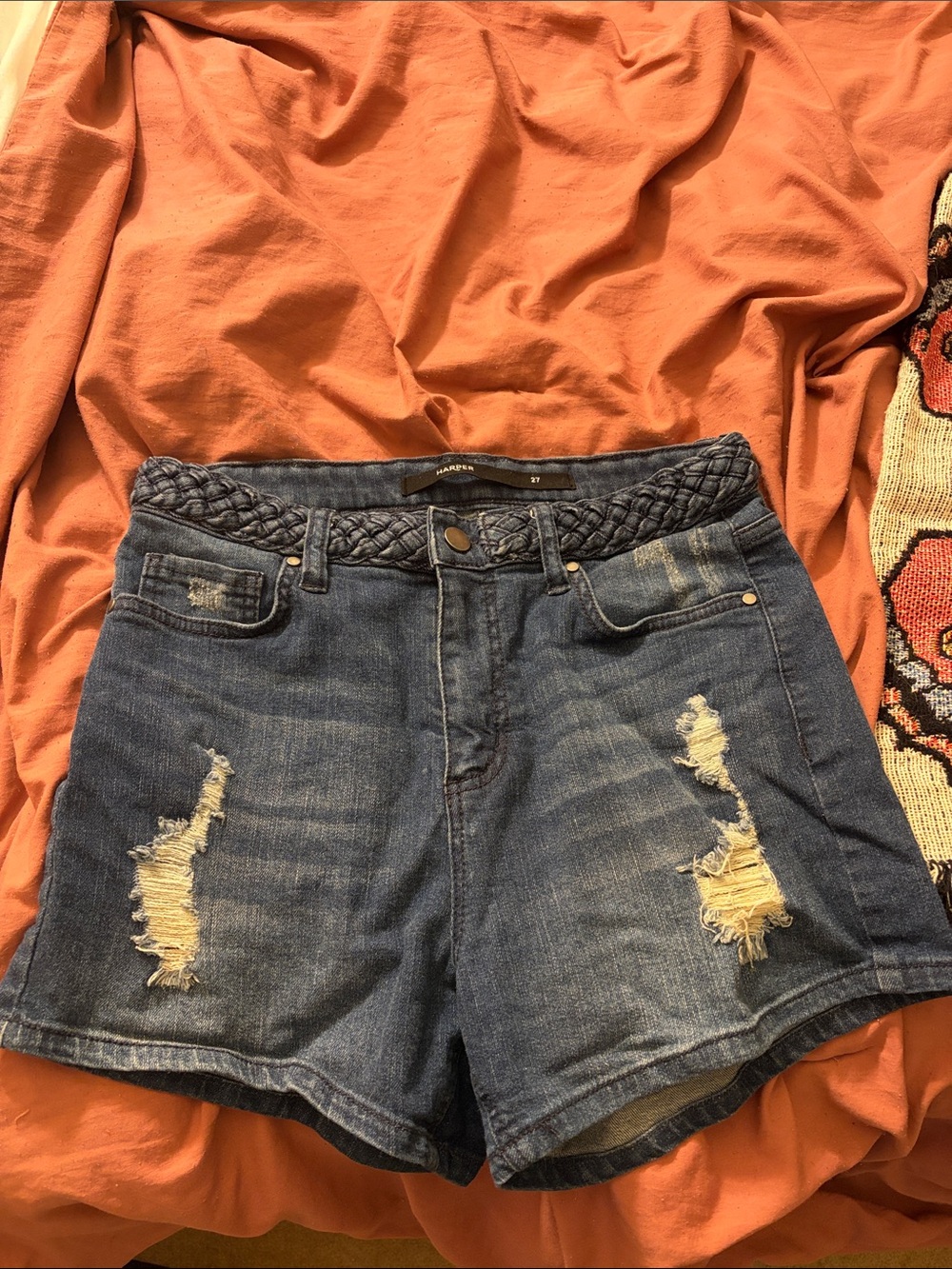 Worn-In Blue Denim Shorts with Braided Waistband